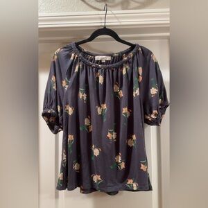 LOFT Floral Peasant Blouse Medium Blue Boho Braided Neck Puff Sleeve Top